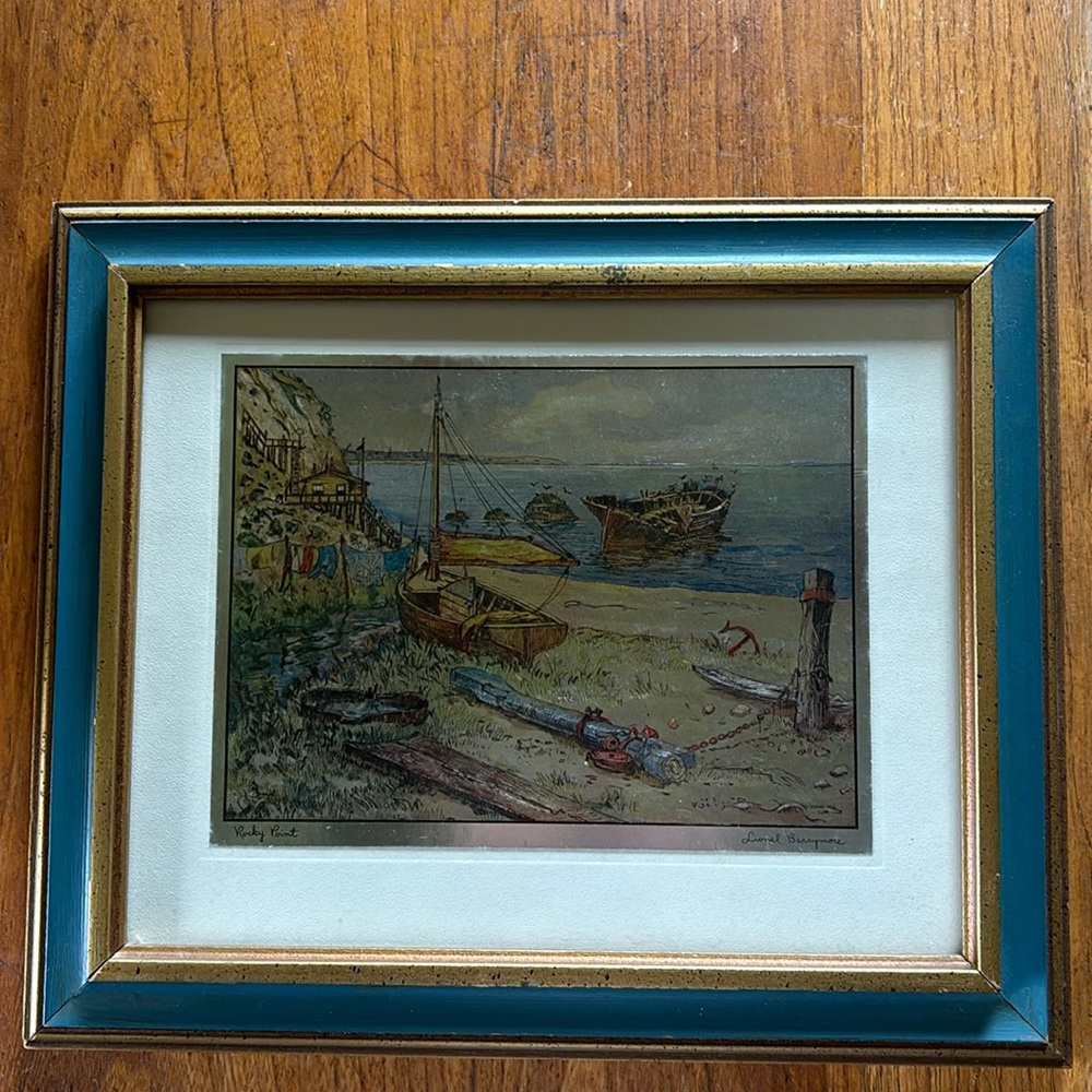 1970’s Lionel Barrymore “Rocky Point” foil etched matted & framed nautical print